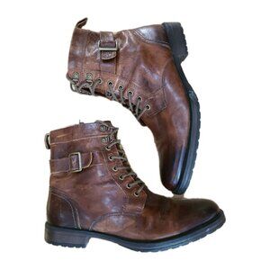 Aston Grey RockCastle Mens Distressed Leather Boots Lace Up Zip Brown 10.5